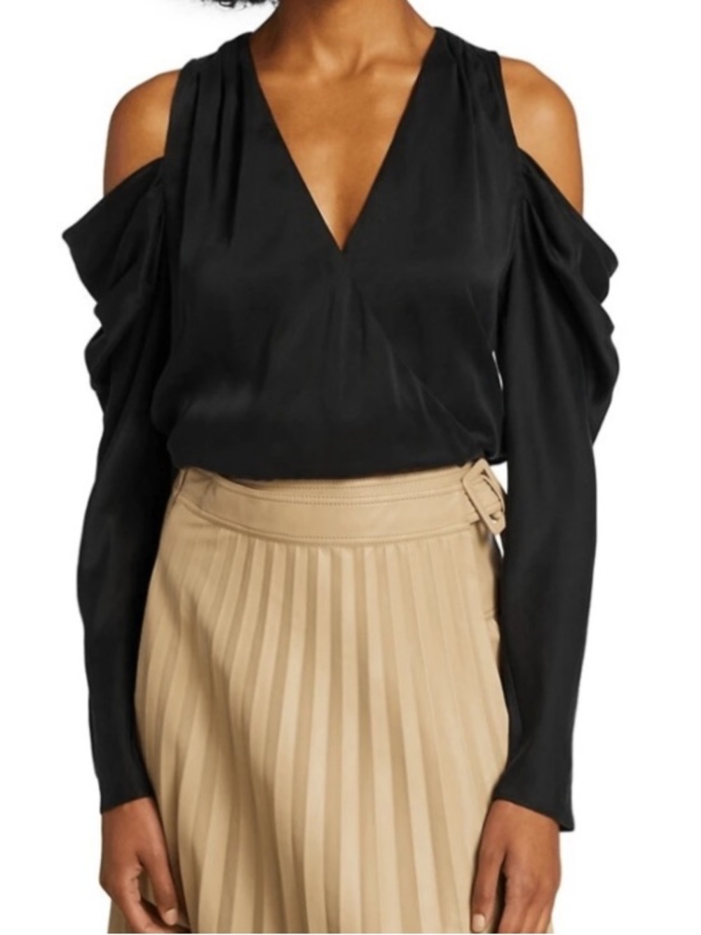Jonathan Simkhai Black SILK Cold-Shoulder V-Neck Blouse